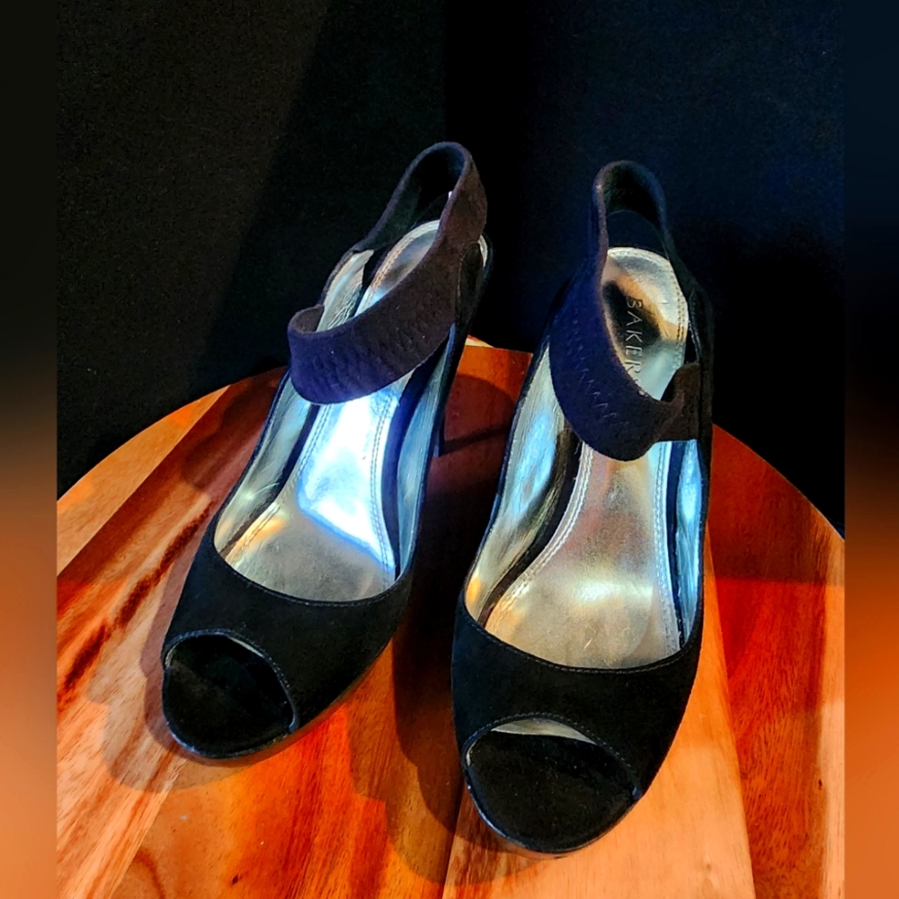 Baker 4 1/2 " heel, 1" platform, open toe, leather upper black suede